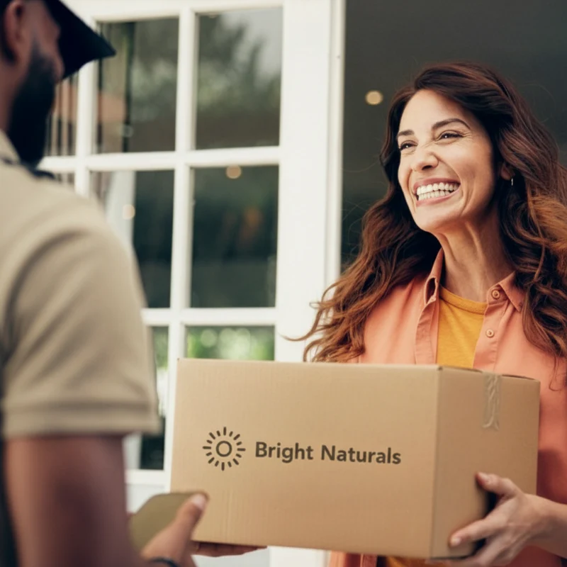 A customer receiving a Bright Naturals delivery at her door